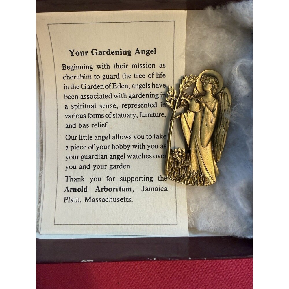 ARNOLD ARBORETUM AA Gold Tone Gardening Angel Pin Brooch CHERUBIM EDEN ORG BOX